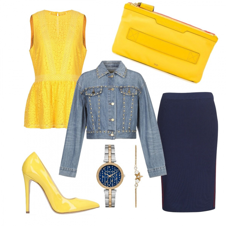 Outfit donna - Tubino giovanile. Stile Trendy per Ufficio. look ideale per Petite. Abbinamento con top, giubbotto, décolleté, orologio, minigonne, clutch con zip multicolore e oro.
