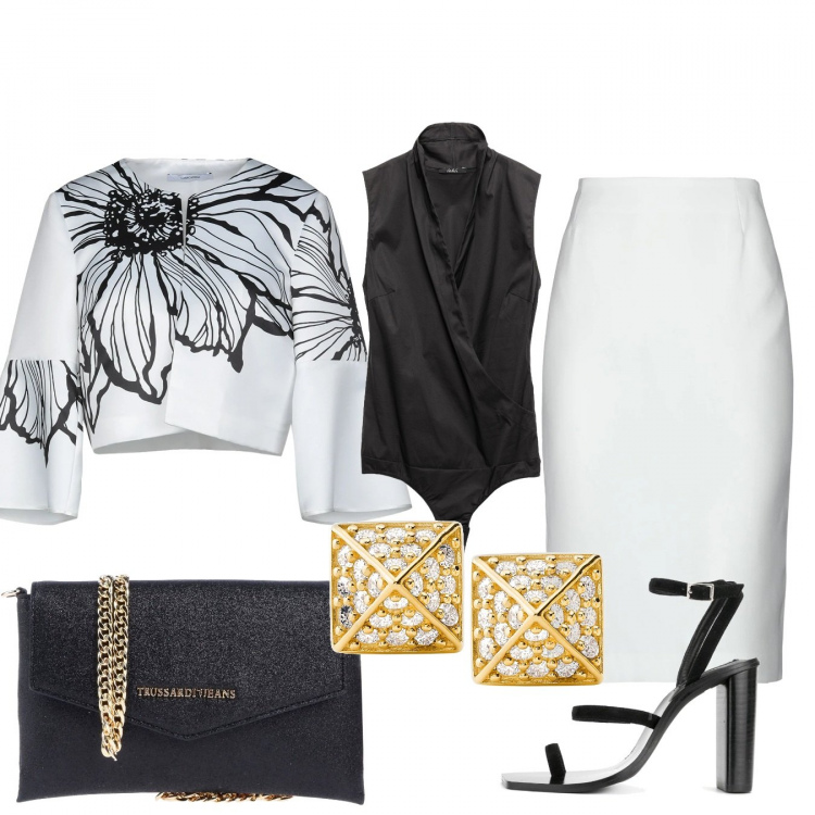Outfit donna - Classico elegante. Stile Chic per Cerimonia. Abbinamento con gonna longuette, blazer, top, borse a mano, orecchini, sandali col tacco.