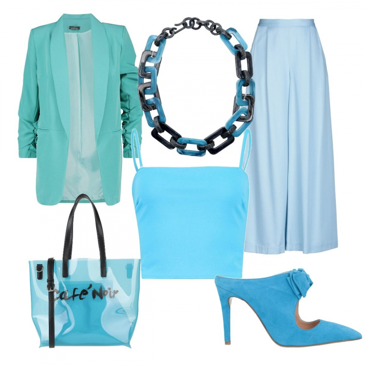 Outfit donna - Mermaid blazer. Stile Chic per Serata fuori. Abbinamento con pantaloni, pantofole, collane, borse a mano, blazer, top.