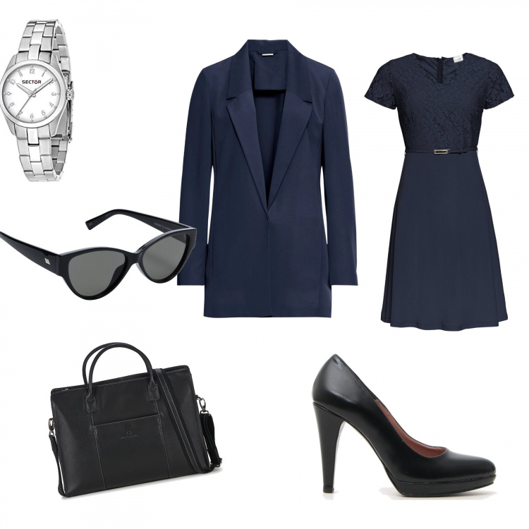 Outfit donna - Bon Ton #9640. Stile Bon Ton per Tutti i giorni. Abbinamento con vestiti, blazer, occhiali da sole, valigetta, décolleté, orologi analogici.