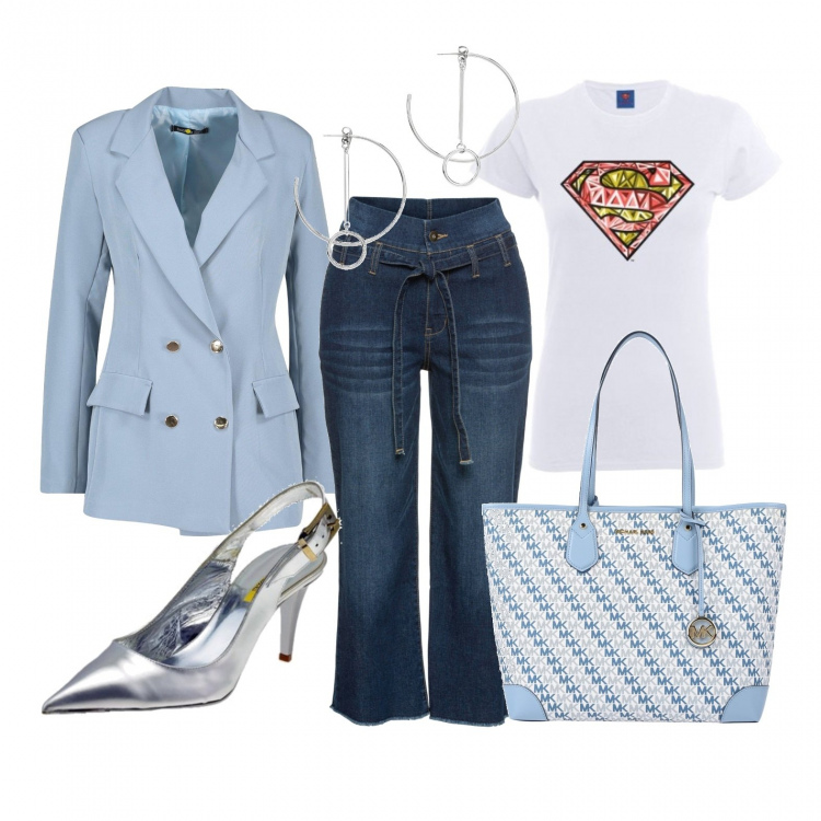 Outfit donna - Il blazer con t-shirt. Stile Trendy per Tutti i giorni. Abbinamento con jeans, borse a spalla, orecchini, blazer, décolleté, t-shirt.
