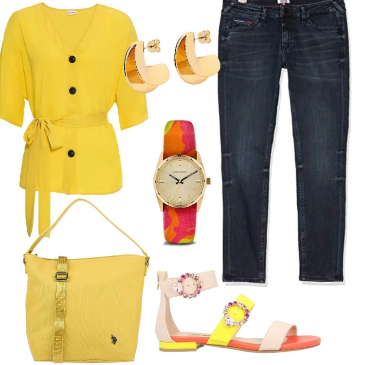 Outfit femme - Le "Lundi au Soleil " Retour au bureau. Style Bon Ton pour Tous les jours. Assortir avec chemises, jeans, sandales, sabots, mules et tongs tendance, montres, sacs à main, boucles d'oreilles.