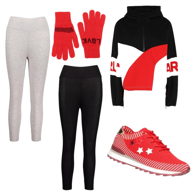 Outfit mujer - Leggings fantasía!. Estilo Urban para Escuela/Universidad. Combinación con sneakers, leggings capri con cintura, top jersey multicolore, guantes in lana.