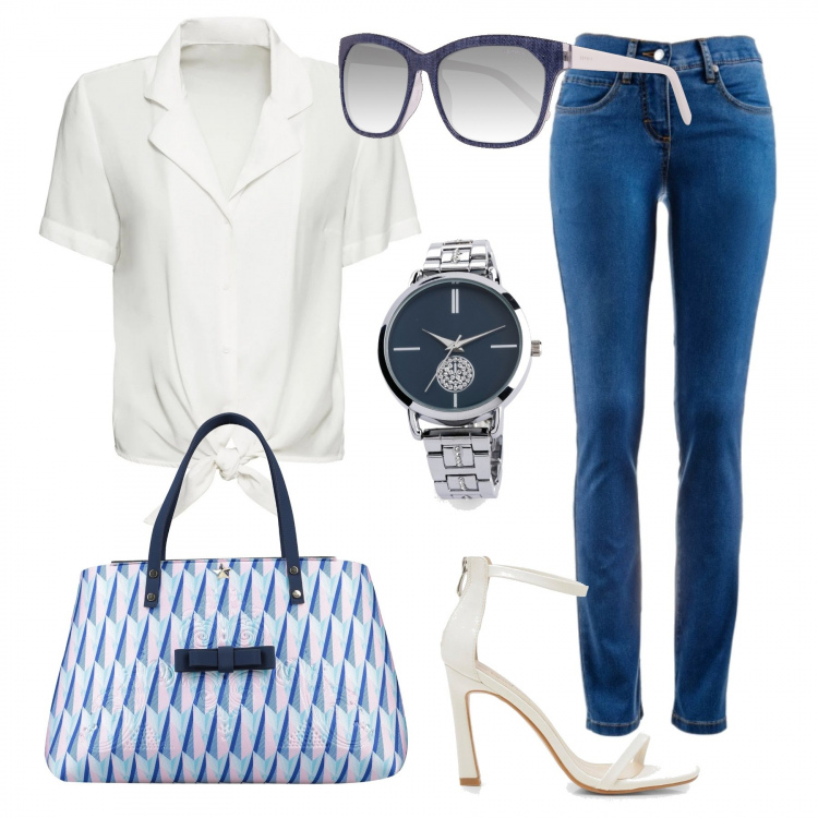 Outfit donna - Intramontabile Jeans e camicia bianca. Stile Basic per Tutti i giorni. Abbinamento con jeans dritti, camicie a manica corta, orologio, borsa a mano, scarpa col tacco, occhiali da sole.