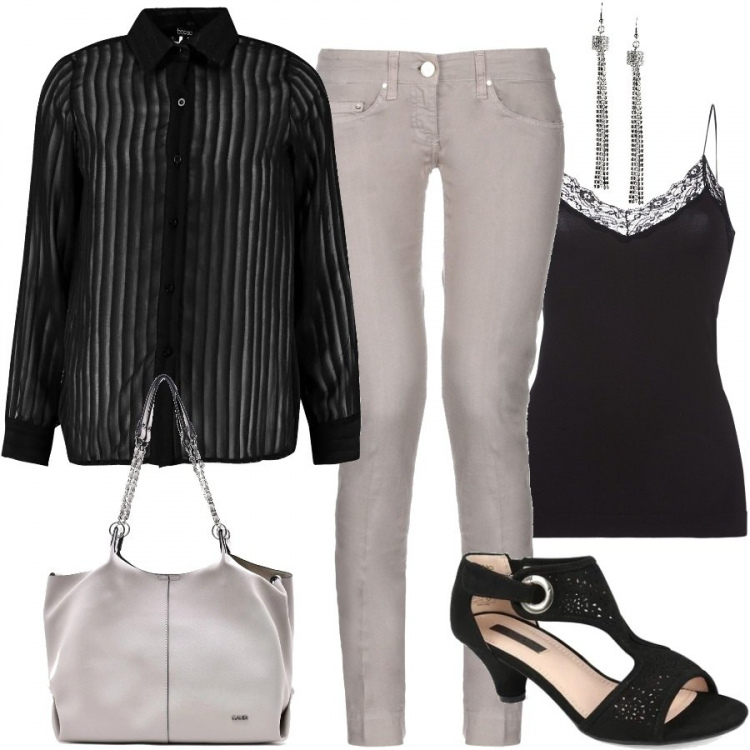 Outfit mujer - Black & Sand. Estilo Chic para Todos los días. look ideal para Tall/Alta. Combinación con sandalias, zuecos, mules y chanclas de moda, camisetas interiores, borsa a tracolla, camicia, pantalone in denim, pendientes con strass.