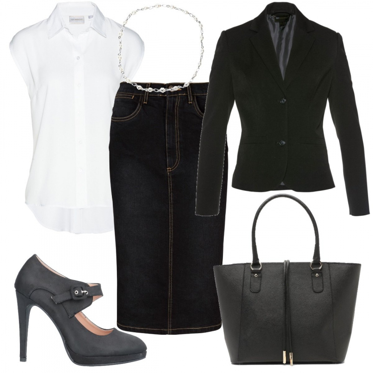 Outfit donna - Tubino di jeans in ufficio. Stile Bon Ton per Ufficio. Abbinamento con sneakers, camicie, blazer, décolleté, collana, borsa tote.