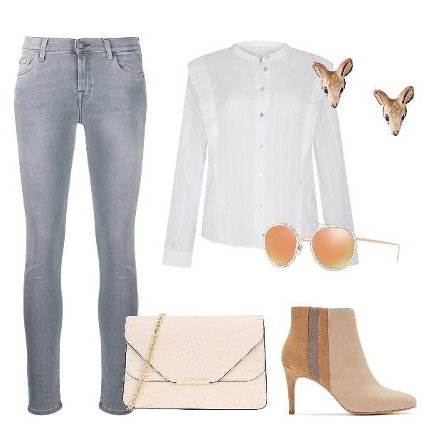 Outfit femme - Urban #9311. Style Urban pour Tous les jours. Assortir avec bottines, chemises, boucles d'oreilles, lunettes de soleil et montures pour lunettes de vue, jean skinny, sacs à bandoulière et portés à l'épaule.