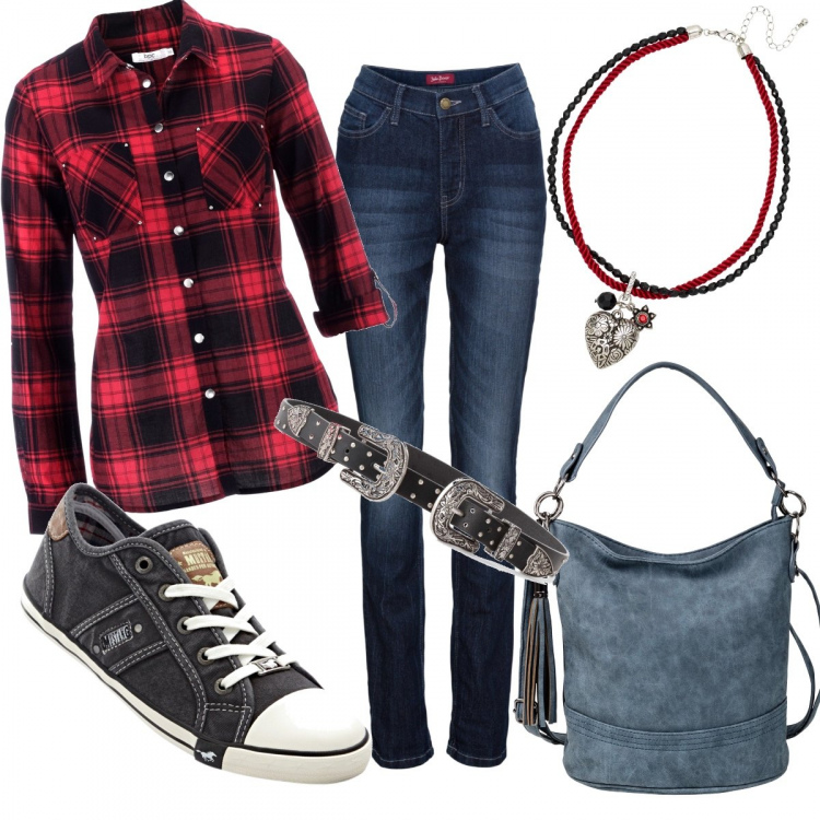 Outfit donna - Country girl. Stile Basic per Tutti i giorni. Abbinamento con camicie, jeans dritti, cintura, borse a tracolla, ciondoli, sneakers.