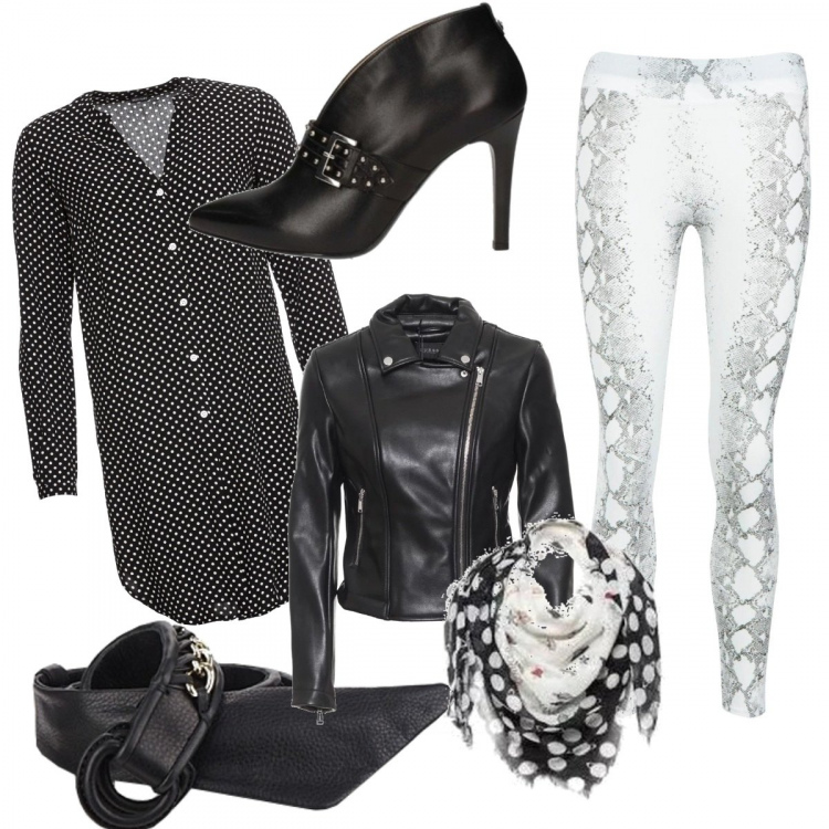 Outfit donna - Il leggins animalier. Stile Rock per Tutti i giorni. Abbinamento con camicie, leggings, décolleté, sciarpa, cinture, blazer.