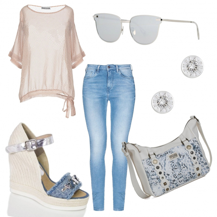 Outfit mujer - Casual Lunes. Estilo Chic para Todos los días. Combinación con bolso, sandalias, blusas, pantalone in denim, pendientes, gafas de sol y monturas para gafas graduadas.