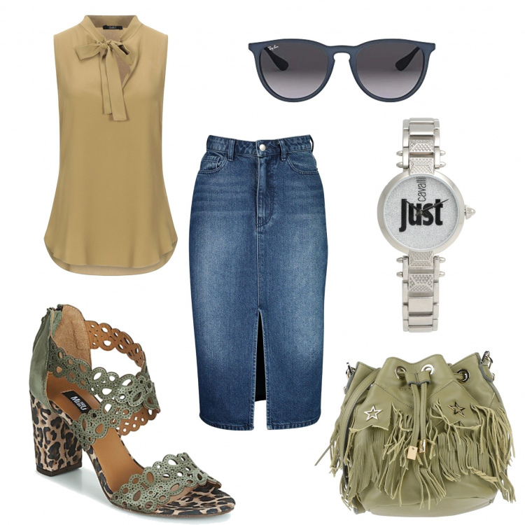 Outfit mujer - Oficina en verano. Estilo Chic para Oficina. Combinación con gafas de sol, sandalias, gonna midi petite in denim, borsa a tracolla, top effetto acetato, reloj.