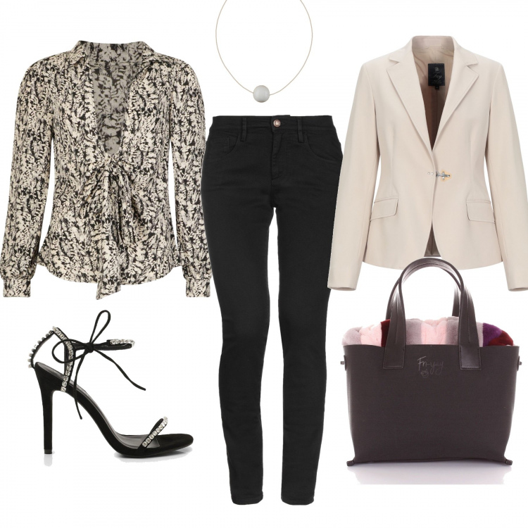 Outfit mujer - Total look: Vaqueros y camisa. Estilo Urban para Todos los días. Combinación con borsa a mano, blusa nudo, zapatos de tacón, giacca, pantalone in denim, colgantes.