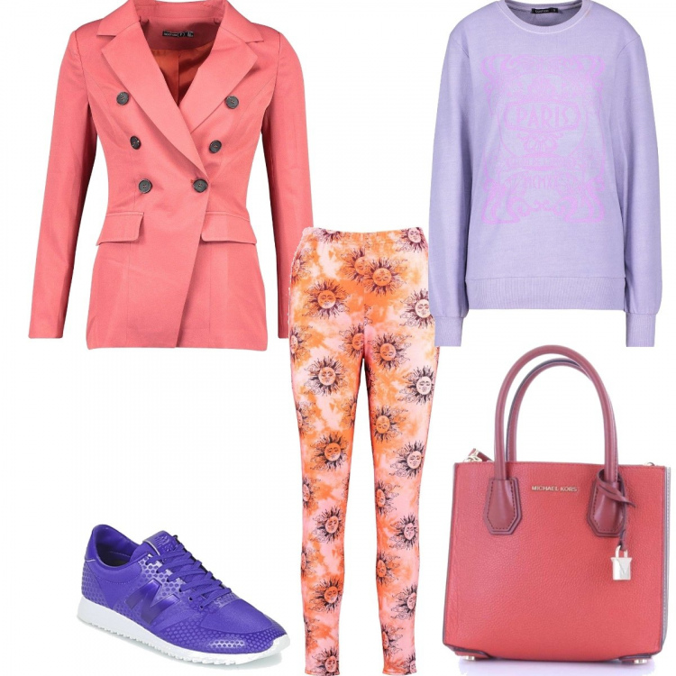 Outfit donna - Funny Leggings!. Stile Urban per Tutti i giorni. Abbinamento con felpa con stampa viola, blazer doppiopetto petite aderente, leggings, sneakers, borsa a mano.