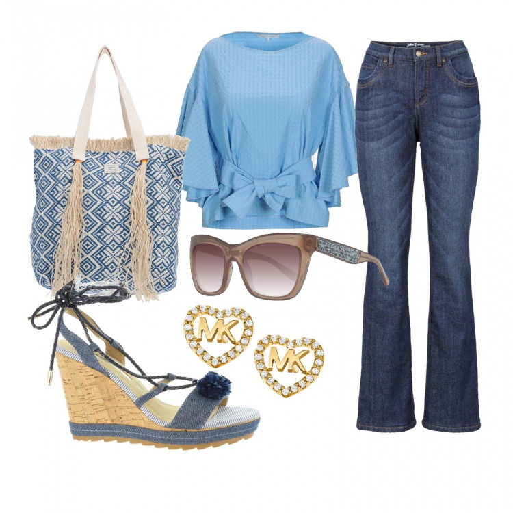 Outfit donna - Jeans e zeppe. Stile Trendy per Tutti i giorni. Abbinamento con jeans bootcut, camicia, borse a mano, orecchini, sandali, occhiali da sole.