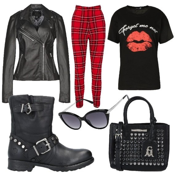 Outfit mujer - Leggins punk. Estilo Rock para Todos los días. Combinación con maglietta, leggings, borsa a tracolla mini, botines, giacca, gafas de sol y monturas para gafas graduadas.