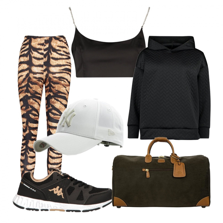 Outfit donna - Urban #9323. Stile Urban per Sport. Abbinamento con felpa con cappuccio, leggings, bralette, borsone, cappello, sneakers.