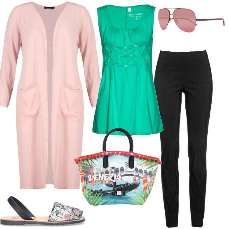 Outfit donna - Venice. Stile Trendy per Tutti i giorni. Abbinamento con pantaloni, top, borse a mano, kimono wrap con tasche, sandali, occhiali da sole.