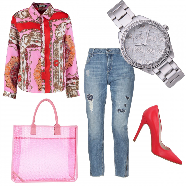 Outfit femme - Jeans + chemise. Style Chic pour Tous les jours. Assortir avec chemisiers, jean déchiré, escarpins, montres, sacs à main.