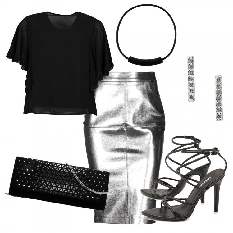Outfit mujer - Negro y plata. Estilo Sexy para Noche/Fiesta elegante. Combinación con clutch, minifaldas, zapatos de tacón, top pastello, pendientes, collana.