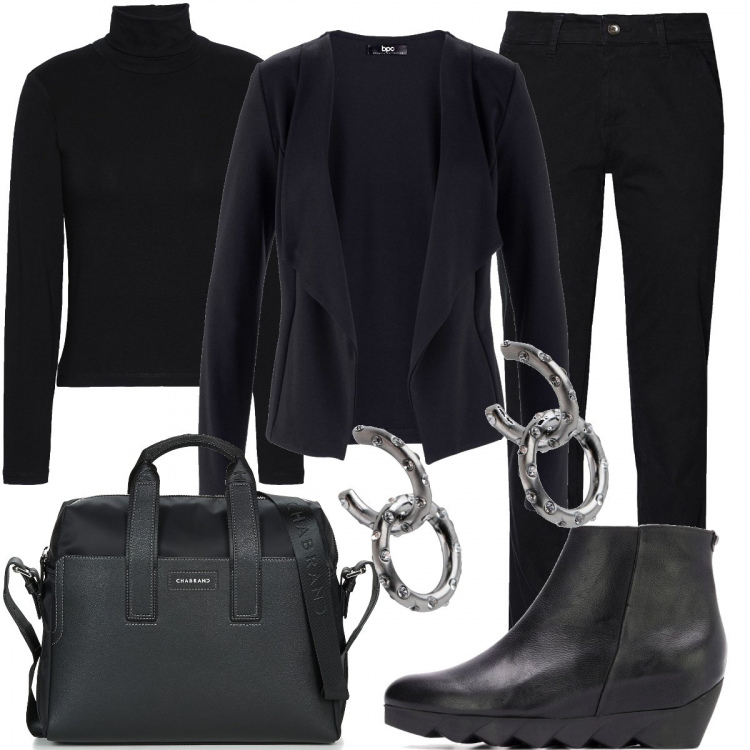 Outfit donna - Blazer. Stile Basic per Ufficio. Abbinamento con blazer, pantalone lungo, orecchini, t-shirt, stivaletti, zeppe.