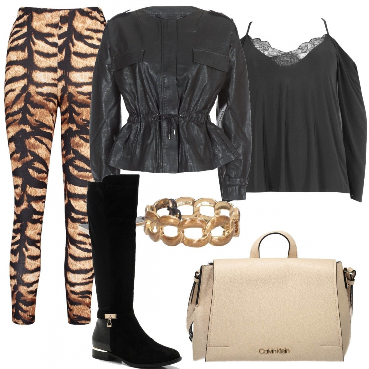 Outfit donna - Leggings fantasia. Stile Trendy per Tutti i giorni. Abbinamento con stivali sopra il ginocchio, top, leggings, giacca, borse a mano, braccialetti.