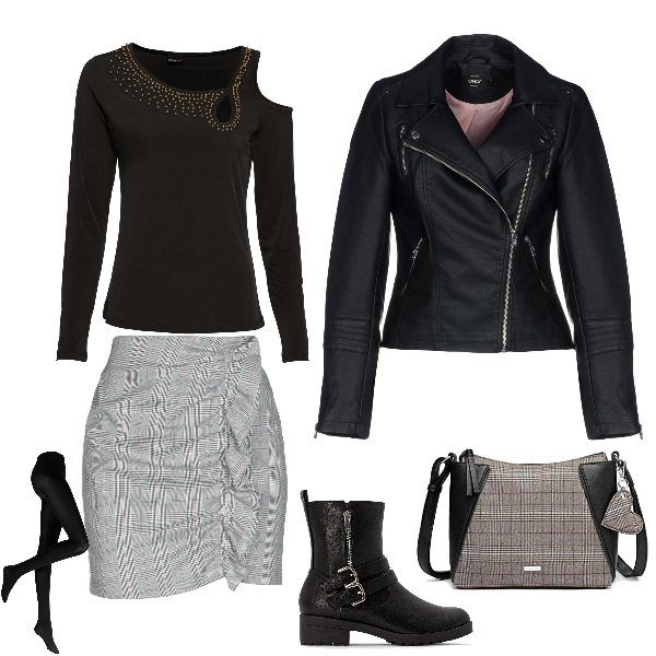 Outfit femme - Rock #2611. Style Rock pour Tous les jours. Assortir avec collants, t-shirts, minijupes, blazers, sacs à bandoulière et portés à l'épaule, bottines.