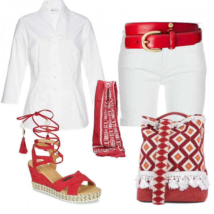 Outfit donna - Bianco e rosso. Stile Basic per Tutti i giorni. Abbinamento con camicie, borsa a secchiello, cintura, shorts, sciarpe, sandali.