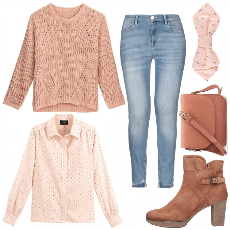 Outfit femme - Rose de novembre. Style Chic pour Tous les jours. Assortir avec bottines, bijoux pour le corps, chemises, sacs-à-dos, pulls et cardigans, jeans.
