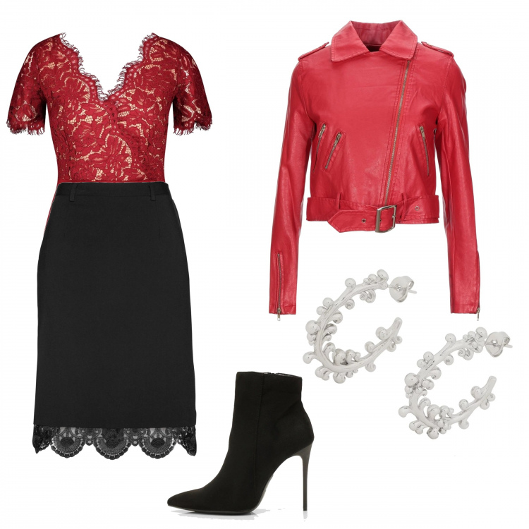 Outfit femme - Jupe droite en rouge et noir. Style Sexy pour Bureau. Assortir avec jupes longues, body, manteaux, bottines, colliers et pendantifs.