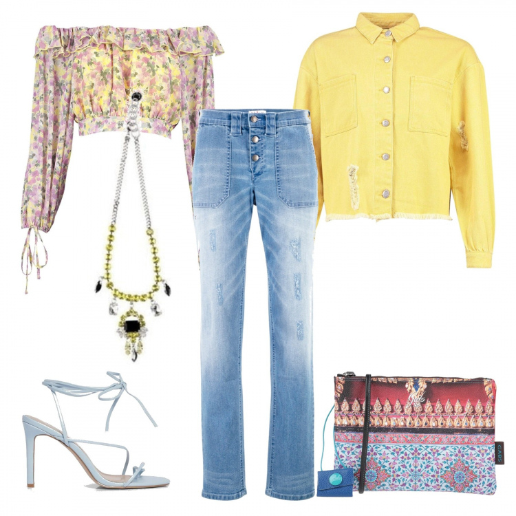 Outfit donna - Cielo azzurro & sole splendente. Stile Trendy per Tutti i giorni. Abbinamento con jeans boyfriend, borse a mano, top, sandali, giacca, collane.