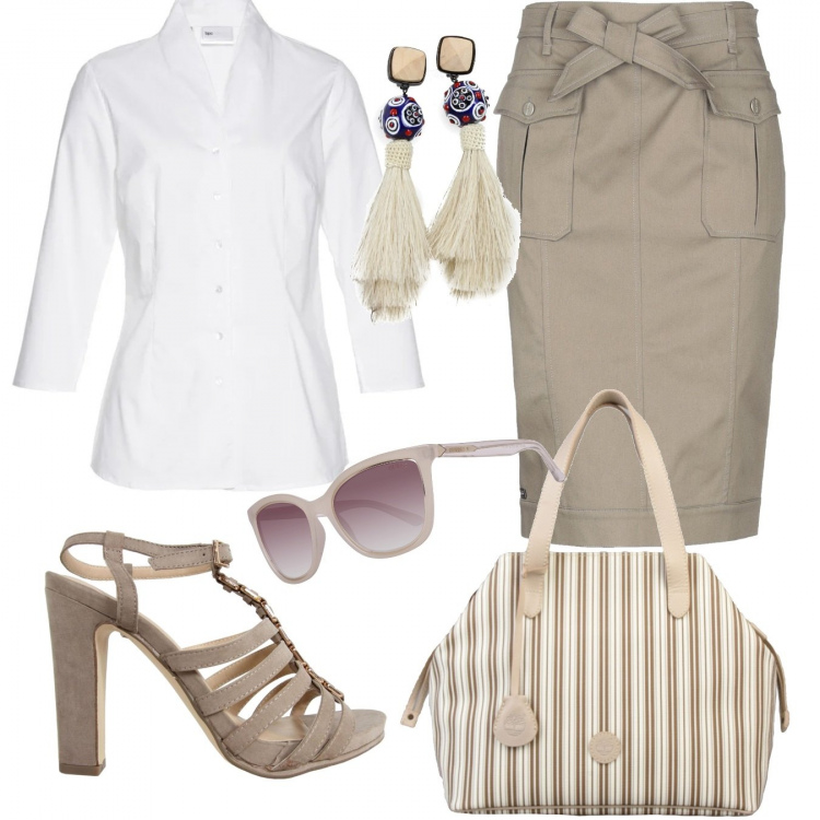 Outfit donna - Basic #12501. Stile Basic per Tutti i giorni. Abbinamento con camicie, gonne longuette, borse a mano, orecchini, scarpe col tacco, occhiali da sole.