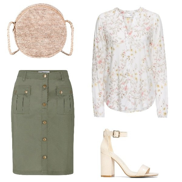 Outfit donna - Gonna coi bottoni. Stile Trendy per Ufficio. Abbinamento con camicie, gonne, sandali col tacco, borse a tracolla.