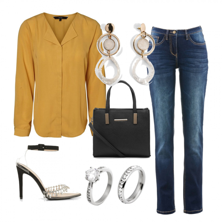 Outfit femme - Moderne en chemise. Style Urban pour Bureau. Assortir avec jeans, bagues, colliers et pendantifs, chemises, chaussures à talons, sac cabas.