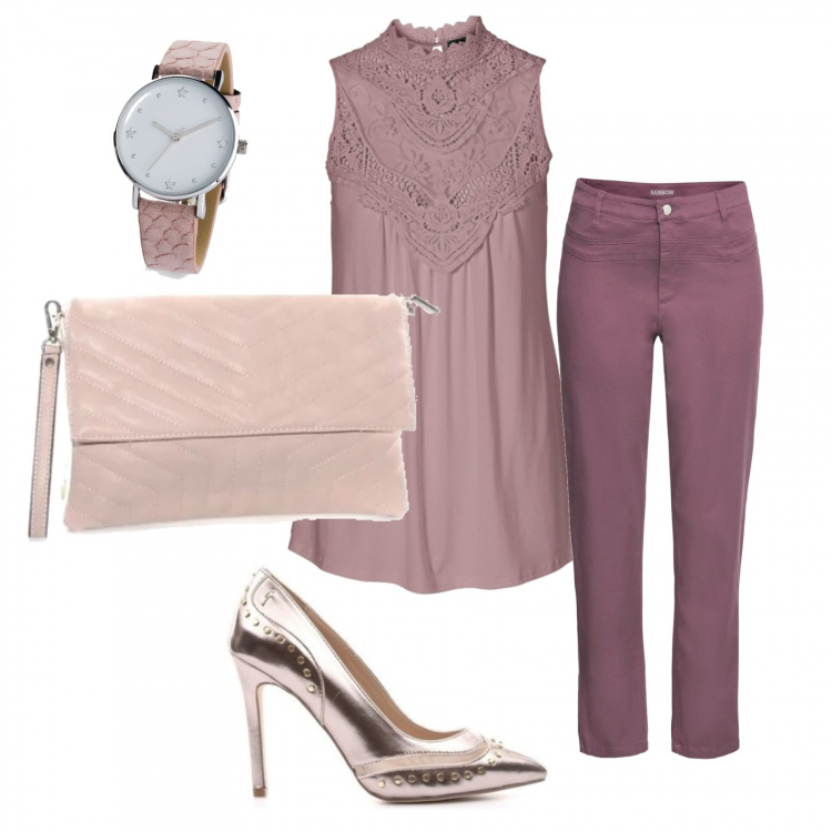 Outfit donna - Color prugna. Stile Trendy per Tutti i giorni. Abbinamento con top, pantalone lungo, orologio, décolleté, pochette.