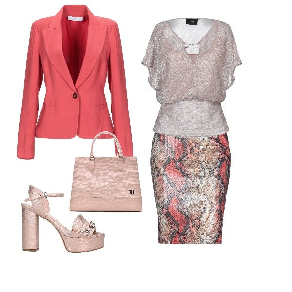 Outfit mujer - Falda print. Estilo Trendy para Ceremonia. Combinación con borsa a mano rosa, cintura animalier jersey, blusas, blazers, sandalias, zuecos, mules y chanclas de moda.
