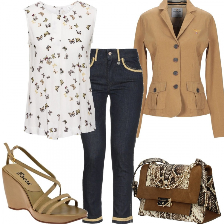 Outfit donna - Jeans e camicia. Stile Trendy per Tutti i giorni. Abbinamento con top, jeans, giacca, borse a mano, zeppe.