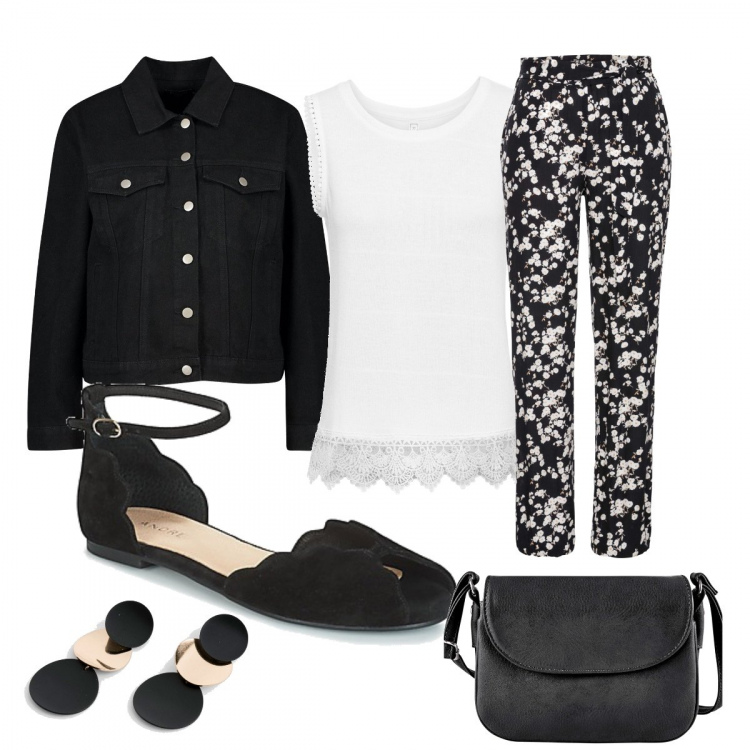 Outfit donna - Pantaloni a fiori bianchi. per Tutti i giorni. Abbinamento con borse a tracolla, pantalone, borse a tracolla, orecchini, stivaletti texani, sandali nero.