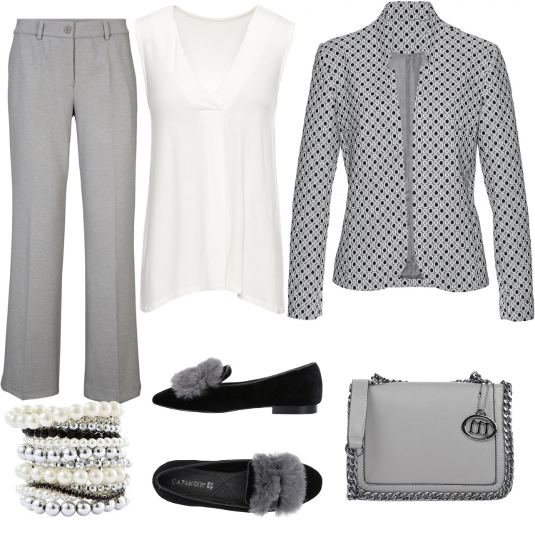 Outfit donna - Trendy #20796. Stile Trendy per Tutti i giorni. Abbinamento con top, braccialetti, blazer, pantalone culotte, ballerine, borsa a tracolla.