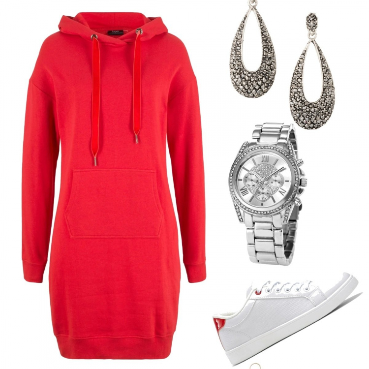 Outfit donna - Lavoro da casa. Stile Urban per Tutti i giorni. Abbinamento con vestito, orecchini, sneakers, orologi, orecchini.