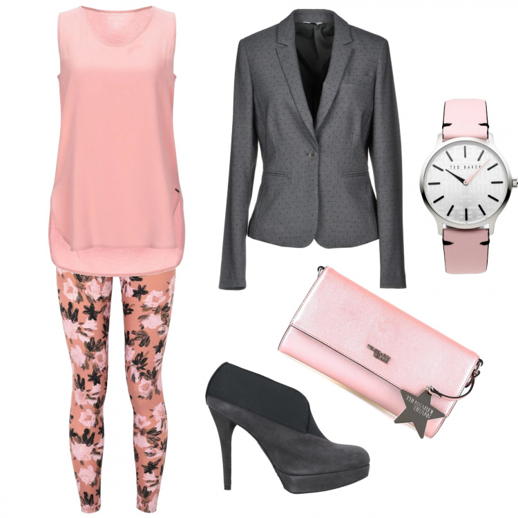 Outfit mujer - Leggins de flores. Estilo Trendy para Noche/Fiesta elegante. Combinación con clutch rosa, leggings, top jersey, blazers, reloj, botines.