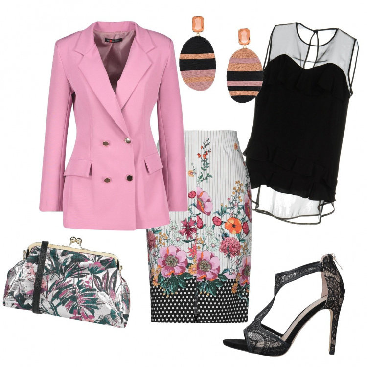 Outfit femme - Jupe droite imprimée. Style Chic pour Cérémonie. Assortir avec jupes au genou, sandales à talon, blazers, tops et blouses, sacs à main, boucles d'oreilles.