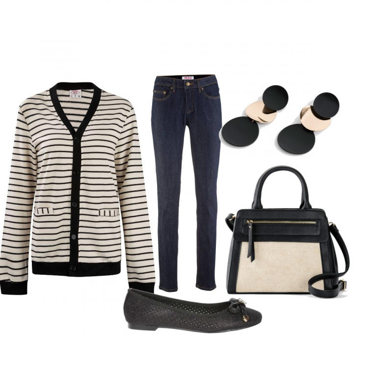 Outfit donna - Ballerine nere. Stile Basic per Tutti i giorni. Abbinamento con jeans skinny, borse a spalla, orecchini, ballerine, cardigan.