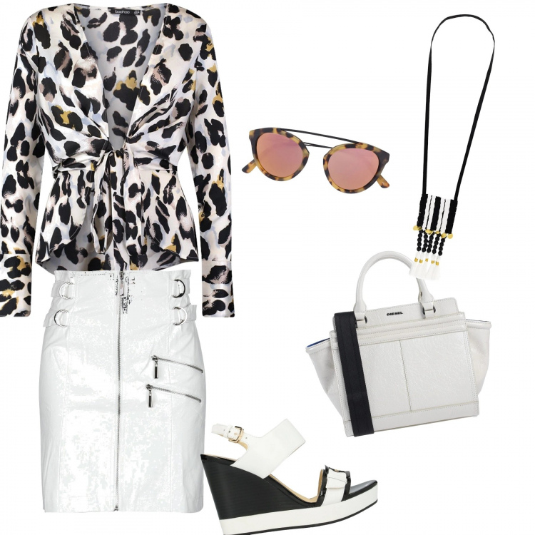 Outfit femme - Animalier en petit touche. Style Tendance pour Tous les jours. Assortir avec jupes au genou, hauts, sandales, sabots, mules et tongs tendance, sacs à main, lunettes de soleil, colliers et pendantifs.