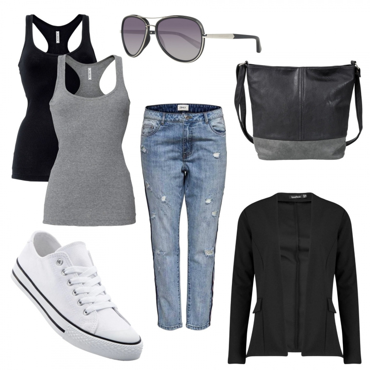 Outfit donna - Jeans e canotta. Stile Urban per Tutti i giorni. Abbinamento con canottiere, shopping bag, scarpe sportive, blazer, jeans, occhiali da sole.