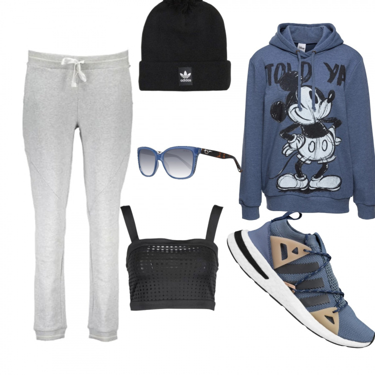 Outfit donna - Corsetta sotto casa. Abbinamento con gonne lunghe, berretti, top, pantaloni, scarpa sportiva, occhiali da sole.