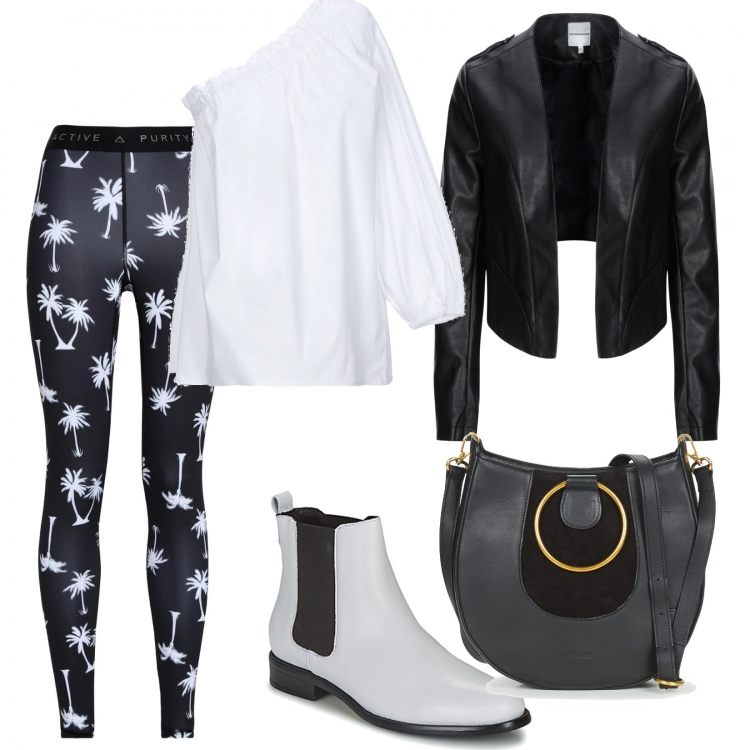 Outfit mujer - B/N. Estilo Urban para Todos los días. Combinación con borsa a tracolla, botines, top, leggings, giacca.