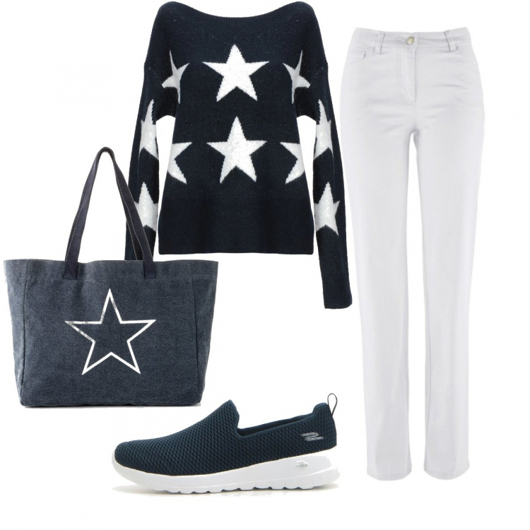 Outfit donna - Stelle bianche. Stile Basic per Ufficio. Abbinamento con pantaloni, shopping bag, pullover, sneakers.