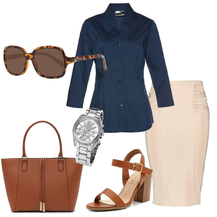 Outfit donna - Trend gonna a tubino. Stile Basic per Tutti i giorni. Abbinamento con camicie, orologi, gonna longuette, sandali con tacco, borse tote, occhiali da sole.