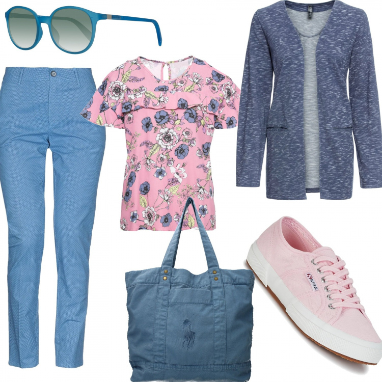 Outfit donna - Un po\' di tempo per sé. Stile Basic per Tutti i giorni. Abbinamento con pantalone chino, costumi interi, blusa, borsa a spalla, scarpe rosa, occhiali da sole.