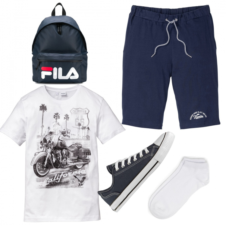 Outfit uomo - Casual #5967. Stile Casual per Tutti i giorni. Abbinamento con bermuda, t-shirt, calzini, borse sportive, sneakers.